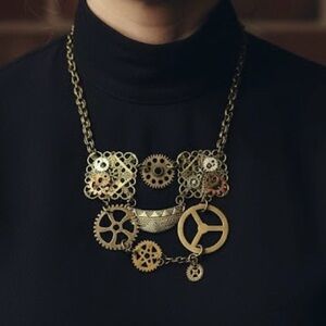 Steampunk Metal Clockwork Industrial Watches Gild Tone Statement Necklace 22”